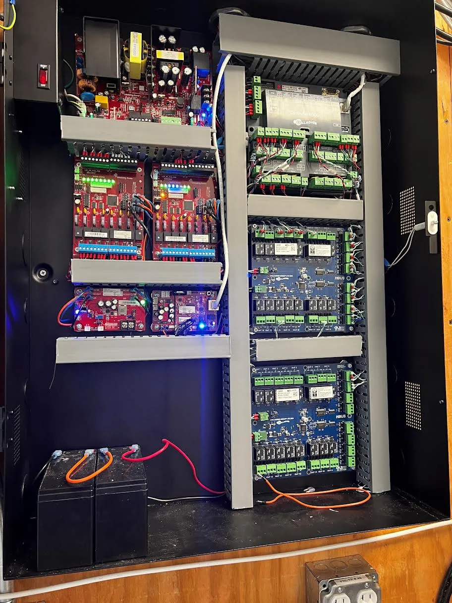 Open access control enclosure with a Gallagher controller, relay boards, power supplies and backup batteries