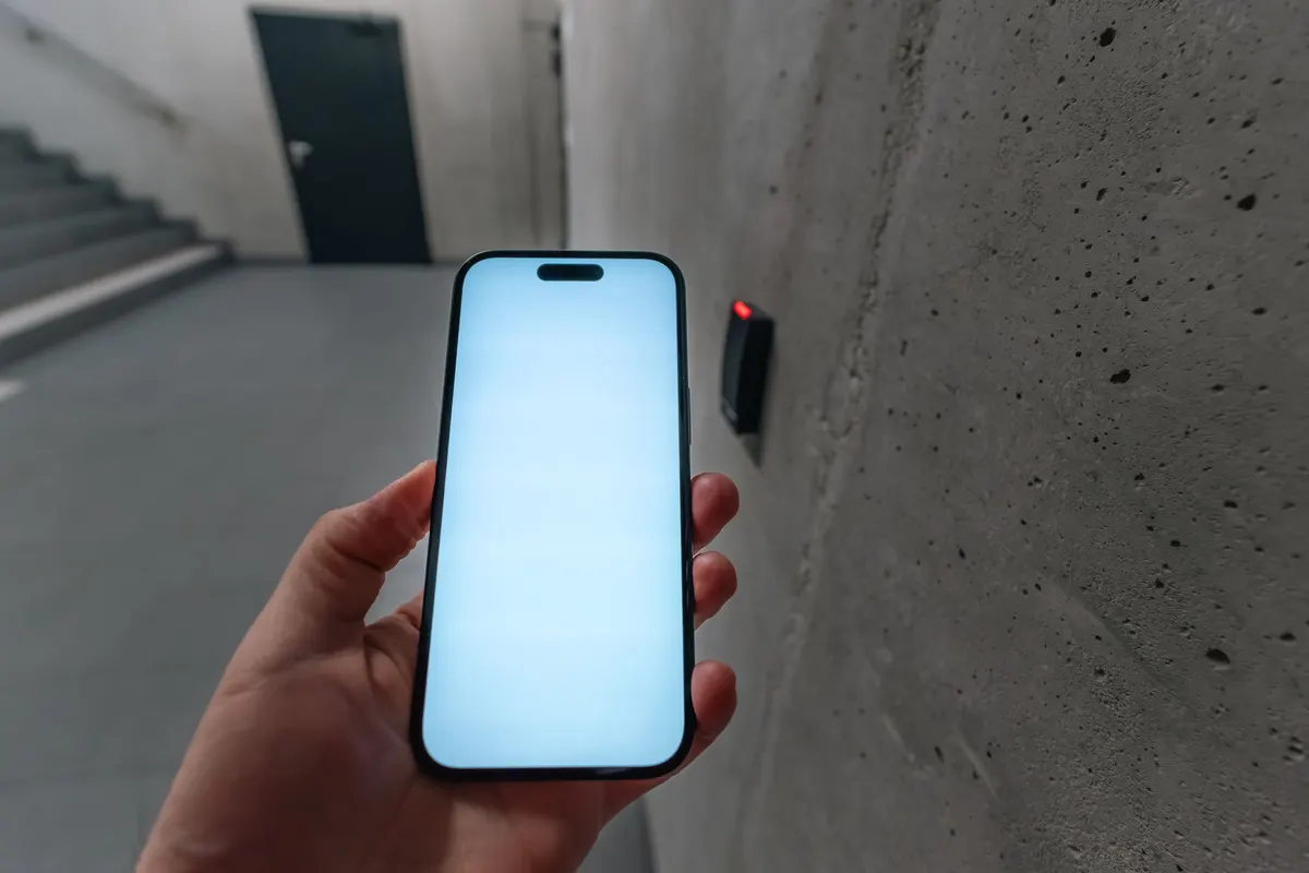 Mobile credential on a smartphone unlocking a secured door at a card reader